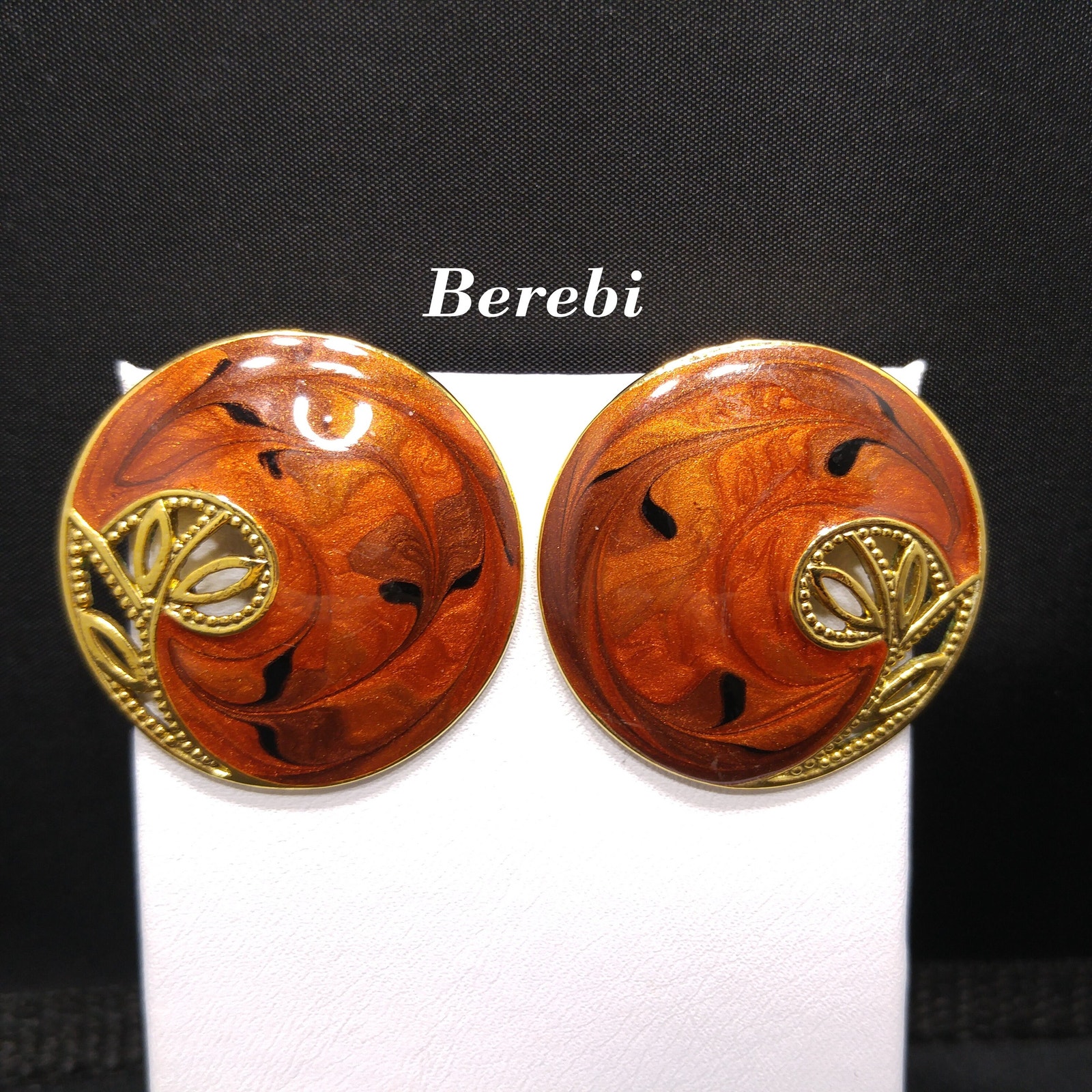 Vintage Berebi Brown Guilloche Enamel Openwork Floral Post Earrings 1990s